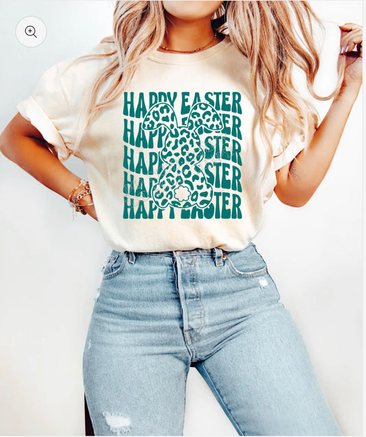 HAPPY EASTER LEOPARD BUNNY GREEN PRINT ON ANY T-SHIRT